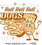 Vector Clip Art of Retro Hot Dog Advertisement Showing a Circular King Character Holding a Hotdog and Text Reading "Hot! Hot! Hot! Dogs Lunch Dinner Anytime!" by Andy Nortnik