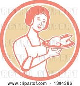 Vector Clip Art of Retro Housewife Holding a Roasted Chicken on a Plate in a Pink White and Tan Circle by Patrimonio