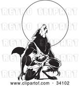 Vector Clip Art of Retro Howling Wolfman in Torn Clothes, Kneeling in Front of a Full Moon by Lawrence Christmas Illustration
