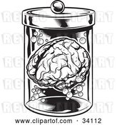 Vector Clip Art of Retro Human Brain and Bubbles Floating in a Specimen Jar in a Research Laboratory by Lawrence Christmas Illustration