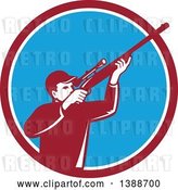 Vector Clip Art of Retro Hunter Aiming a Shotgun in a Maroon White and Blue Circle by Patrimonio