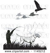 Vector Clip Art of Retro Hunter and Dog Under Geese by Patrimonio