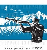 Vector Clip Art of Retro Hunter Holding a Rifle and Aiming at Geese in the Mountains by Patrimonio