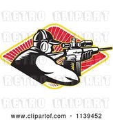 Vector Clip Art of Retro Hunter Shooting a Rifle in a Diamond of Rays by Patrimonio