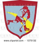 Vector Clip Art of Retro Ice Hockey Player in Action Inside a Shield by Patrimonio