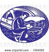 Vector Clip Art of Retro Insurance Adjuster Crouching by a Damaged Car by Patrimonio