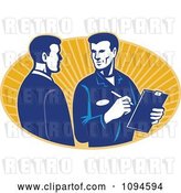 Vector Clip Art of Retro Insurance Adjuster Speaking with a Client over Orange Rays by Patrimonio