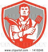 Vector Clip Art of Retro Jack of All Trades Worker Guy Holding a Blow Dryer and Spatula, Wearing a Stethoscope and Tools in a Shield by Patrimonio