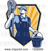 Vector Clip Art of Retro Janitor Guy with a Mop and Bucket Emerging Form a Shield of Rays by Patrimonio