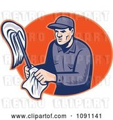 Vector Clip Art of Retro Janitor Holding a Mop and Cloth over an Orange Oval by Patrimonio