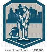 Vector Clip Art of Retro Janitor Operating a Carpet Cleaner over a City in a Shield by Patrimonio