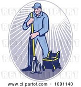 Vector Clip Art of Retro Janitor Using a Mop in a Ray Oval by Patrimonio