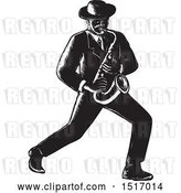 Vector Clip Art of Retro Jazz Musician Playing a Saxophone, in Woodcut by Patrimonio