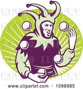 Vector Clip Art of Retro Jester Juggling Balls over a Green Oval of Rays by Patrimonio