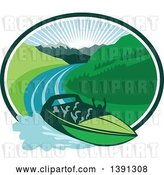 Vector Clip Art of Retro Jet Boat Speeding down a River with a Sunrise and Mountains in the Background Within an Oval by Patrimonio
