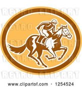 Vector Clip Art of Retro Jockey Racing a Horse in a Brown and Orange Oval by Patrimonio
