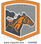 Vector Clip Art of Retro Jockey Racing a Horse in a Gray and Orange Shield by Patrimonio