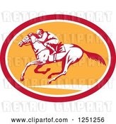 Vector Clip Art of Retro Jockey Racing a Horse in a Red White and Orange Oval by Patrimonio