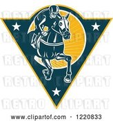 Vector Clip Art of Retro Jockey Racing a Horse on a Triangle with Stars and Sunshine by Patrimonio