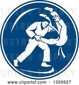 Vector Clip Art of Retro Judo Opponents in a Throw Takedown in a Blue and White Circle by Patrimonio