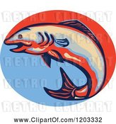 Vector Clip Art of Retro Jumping Atlantic Salmon over a Red and Blue Oval by Patrimonio