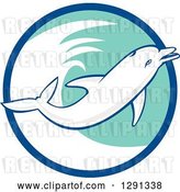 Vector Clip Art of Retro Jumping Dolphin in a Blue White and Turquoise Circle by Patrimonio