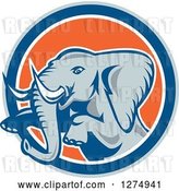 Vector Clip Art of Retro Jumping Elephant in a Gray Blue White and Orange Circle by Patrimonio