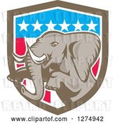 Vector Clip Art of Retro Jumping Elephant in an American Flag Shield by Patrimonio