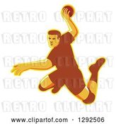 Vector Clip Art of Retro Jumping Male Handball Player Preparing to Throw the Ball by Patrimonio