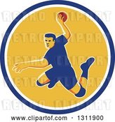Vector Clip Art of Retro Jumping Male Handball Player Preparing to Throw the Ball in a Blue White and Yellow Circle by Patrimonio