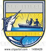 Vector Clip Art of Retro Jumping Marlin Fish Being Reeled in by Two Men Tandem Fishing from a Boat by Patrimonio