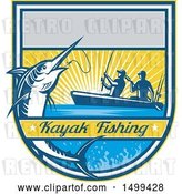 Vector Clip Art of Retro Jumping Marlin Fish Being Reeled in by Two Men Tandem Fishing with Text by Patrimonio