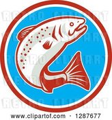 Vector Clip Art of Retro Jumping Trout Fish in a Red White and Blue Circle by Patrimonio