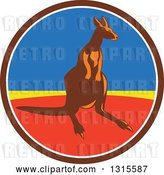 Vector Clip Art of Retro Kangaroo in a Brown White Blue Yellow and Red Circle by Patrimonio