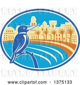 Vector Clip Art of Retro Kingfisher Bird Perched Against a Mediterranean Coastal City in an Oval by Patrimonio