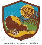 Vector Clip Art of Retro Kiwi Bird by Plants in the Moonlight Inside a Brown Blue Yellow and Green Shield by Patrimonio