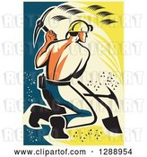 Vector Clip Art of Retro Kneeling Shirtless Male Coal Miner Using a Pickaxe in a Yellow Blue and Beige Rectangle with a Border by Patrimonio