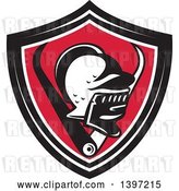 Vector Clip Art of Retro Knight Helmet and Caliper Set in a Black White and Red Shield by Patrimonio