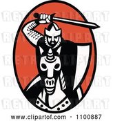 Vector Clip Art of Retro Knight Holding up a Sword and Charging on Horseback over a Red Oval by Patrimonio