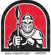 Vector Clip Art of Retro Knight in Full Armor, Holding Paint Brush in a Black White and Red Half Circle by Patrimonio