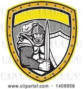 Vector Clip Art of Retro Knight in Full Armor, Holding Sword and Shield Inside a Shield by Patrimonio
