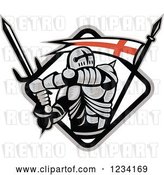 Vector Clip Art of Retro Knight in Full Armor, Swinging a Sword in a Diamind with an English Flag by Patrimonio