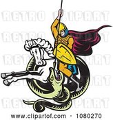 Vector Clip Art of Retro Knight on Horseback Spearing a Snake by Patrimonio