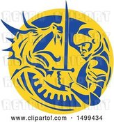 Vector Clip Art of Retro Knight or Saint George Fighting a Dragon in a Yellow and Blue Circle by Patrimonio