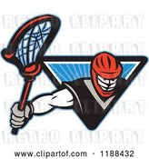 Vector Clip Art of Retro Lacrosse Player Emerging from a Blue Triangle of Rays by Patrimonio