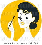 Vector Clip Art of Retro Lady Applying Mascara over a Yellow Circle by BNP Design Studio