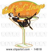 Vector Clip Art of Retro Lady in a Cat Costume Lying in a Giant Martini Glass at a Cocktail Lounge by Andy Nortnik