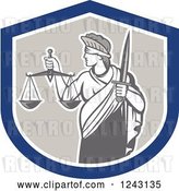 Vector Clip Art of Retro Lady Justice with a Sword and Scales in a Shield by Patrimonio