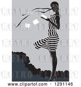 Vector Clip Art of Retro Lady Reading a Book in the Wind, with Red Lips, in Blue and Gray Tones by Pauloribau
