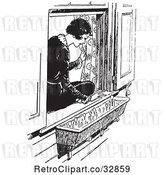Vector Clip Art of Retro Lady Sitting in a Window Sill and Looking at Flowers by Picsburg
